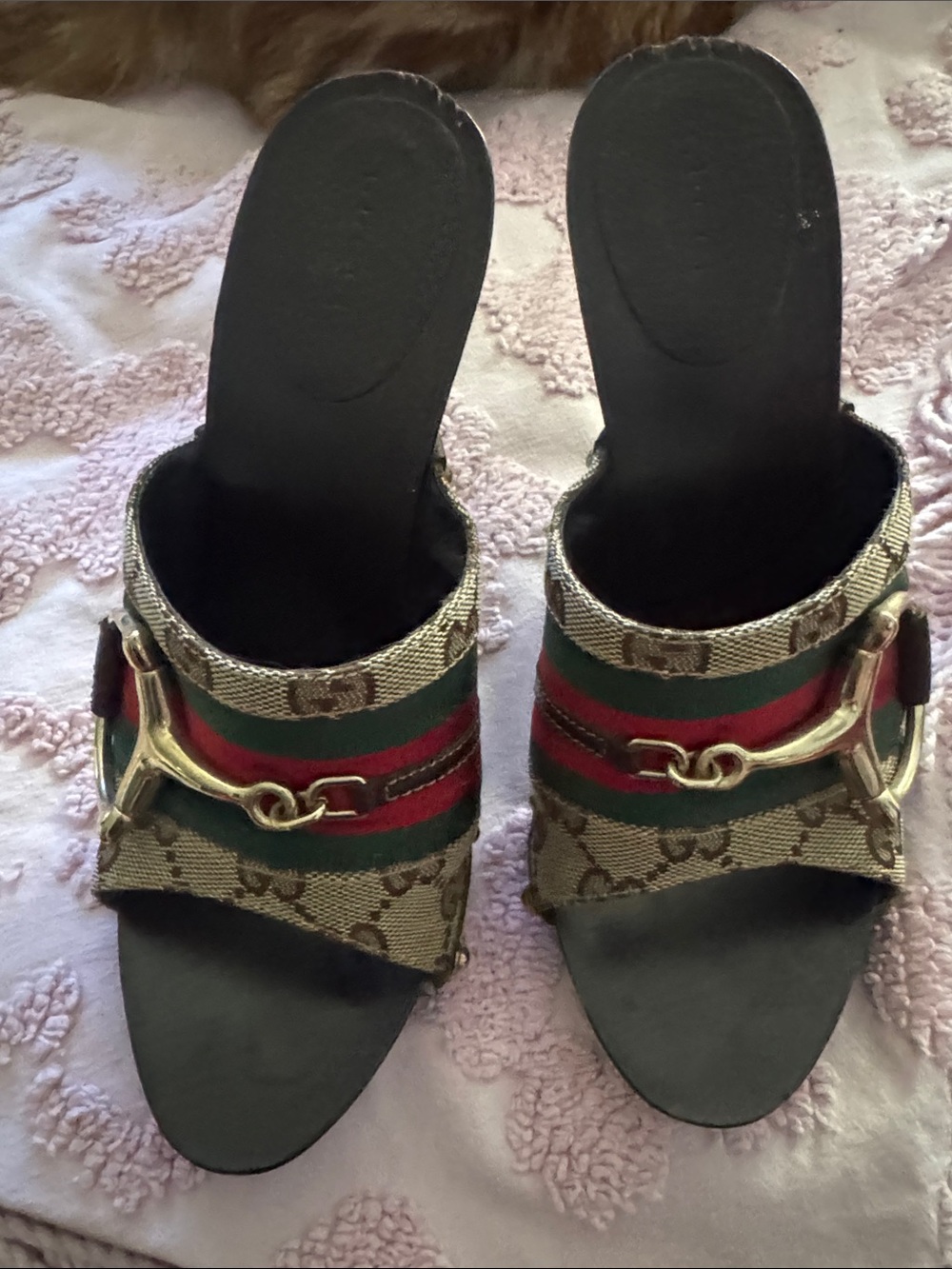 Gucci Monogram Open-Toe Heels with Red & Green Web and Gold Horsebit